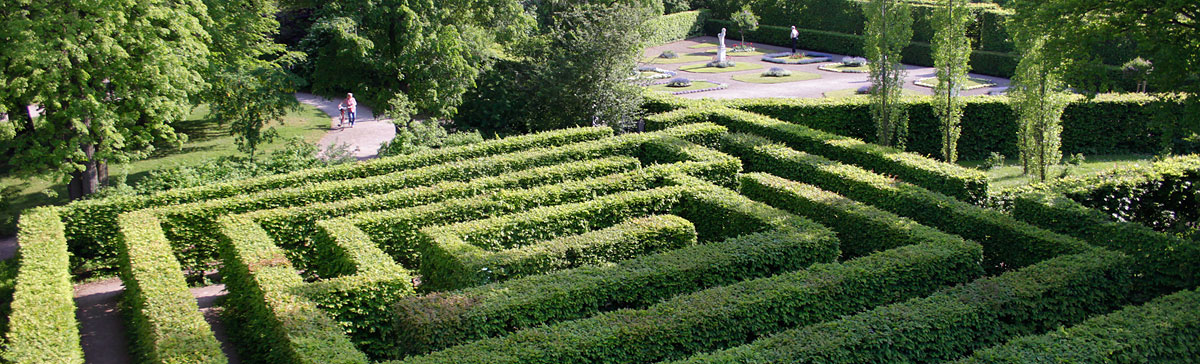 Blick aus einem Übungsraum des Mozarthauses auf den Irrgarten im Park